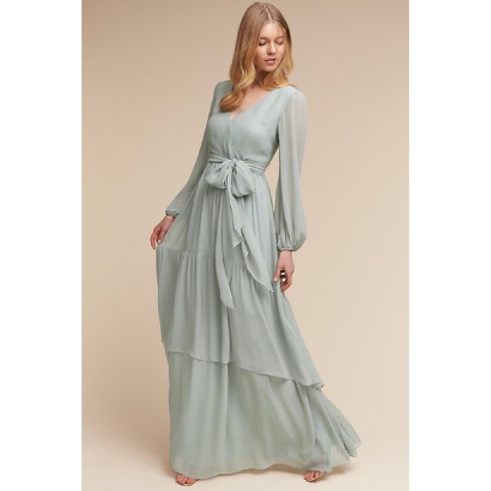 BHLDN Sage Green Long Sleeve Maxi Dress with Waist Tie (Donna Morgan)